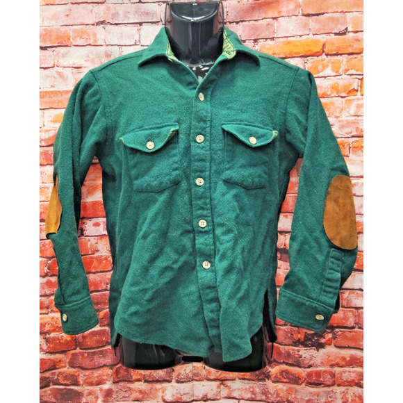 Woolrich Button Up Shirt Men's Green Wool Long Sleeve Elbow PSmalatches Collared - Picture 1 of 15